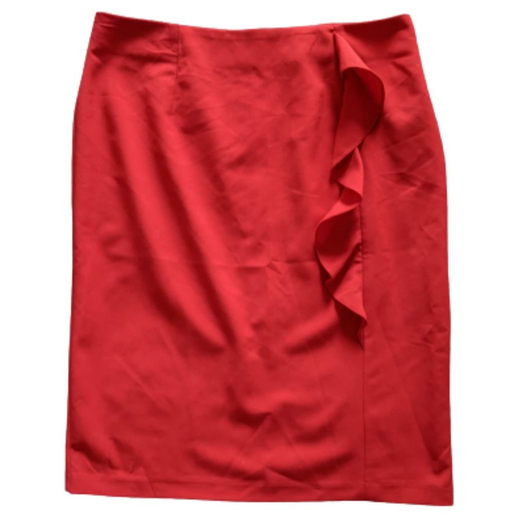 👗Worthington Red Straight Party Midi Skirt with Side Ruffle (Size: 10) NWT